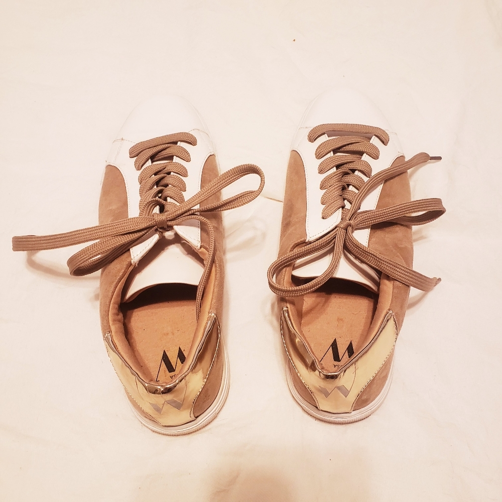Vanessa Wu White leather taupe suede sneakers gold shoes 8/38
